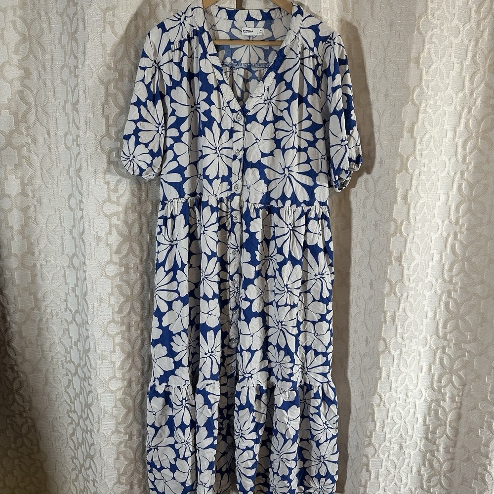Sonoma Women's Blue White Floral Short Sleeve Dress Button Down Rayon/Linen XL